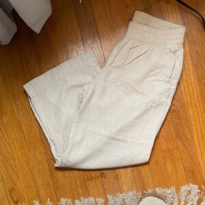 Light Beige Elastic Waist Linen Blend Pants